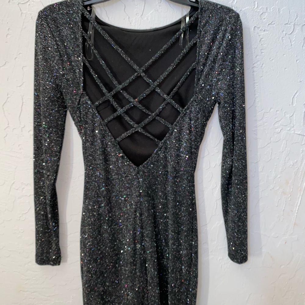 Mid length long sleeve mini sparkle black dress